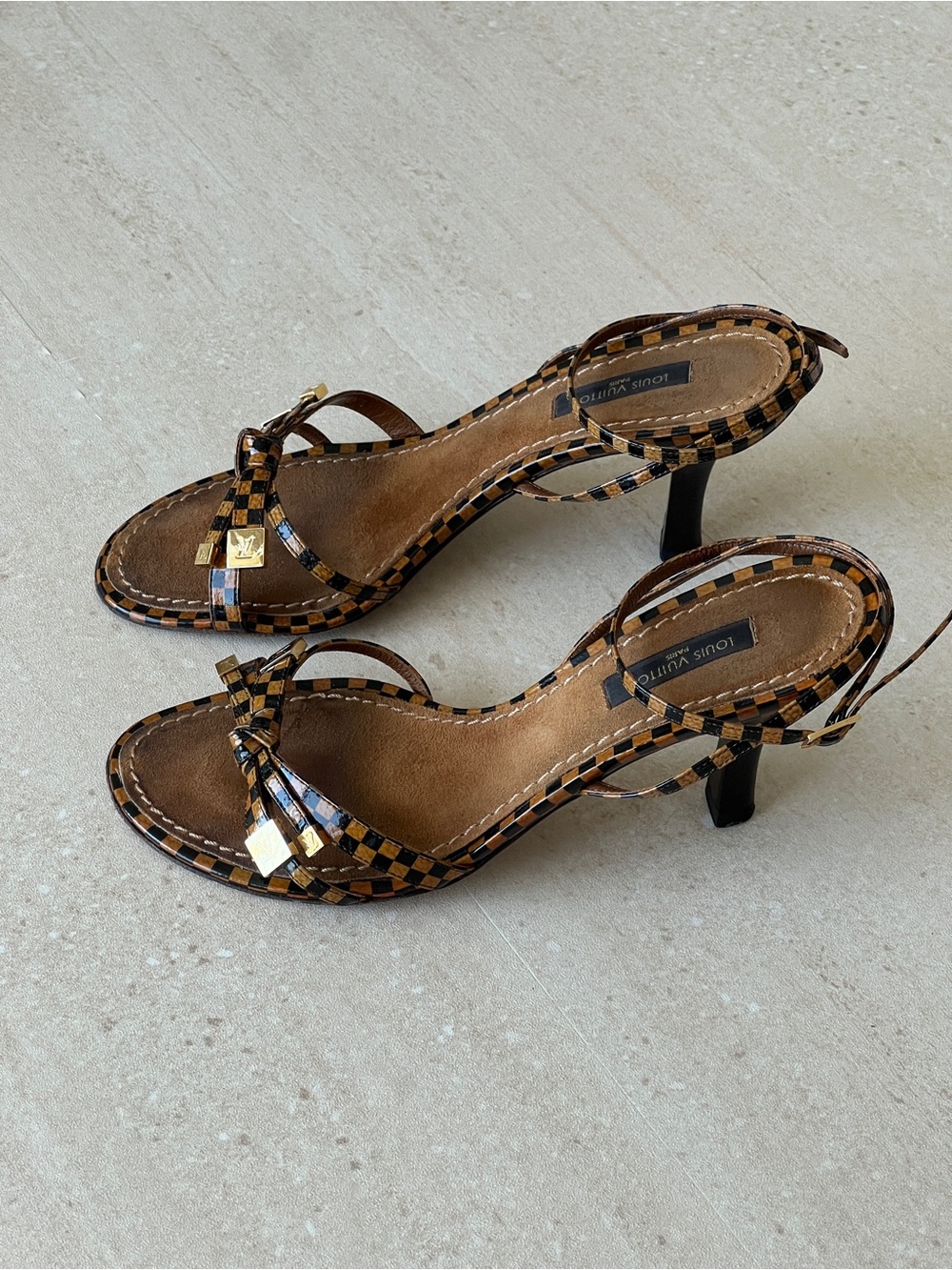 Vintage Louis Vuitton Damier Brown Checkered Strappy Sandals with Gold Accents - Picture 4 of 9